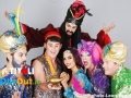 Brian-Dowling-as-the-Genie,-Donal-Brennan-as-Aladdin,-Nadia-Forde-as-Princess-Jasmine,-Rob-Murphy-as-Buffy,-Alan-Hughes-as-Sammy-Sausages-(and-in-back-row-Carl-Stallwood-as-Abbanazar)-photo-by-Leon-Farrell